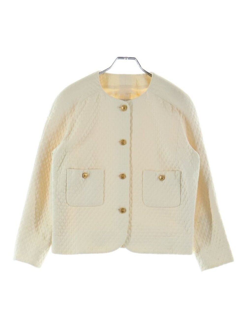 Chanel CC Logo Button Vintage Quilted Cotton Collarless Jacket Short 18 White
